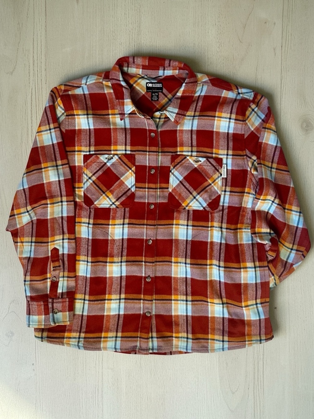 Outdoor Research Orange and Blue Plaid Button Down Shirt Size XL